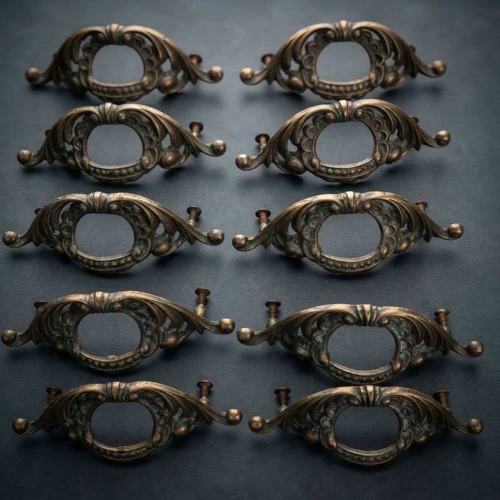 Vintage Ornate Brass Tone Dresser Drawer Pull Handles Hollywood Regency Set of 8